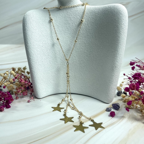 Yellow Gold Long Layered Necklace Adorned with Dangling Star Pendants